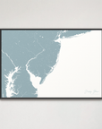 Jersey Shore Coastal Map — Canvas Horizontal, soft-blue, Black Frame