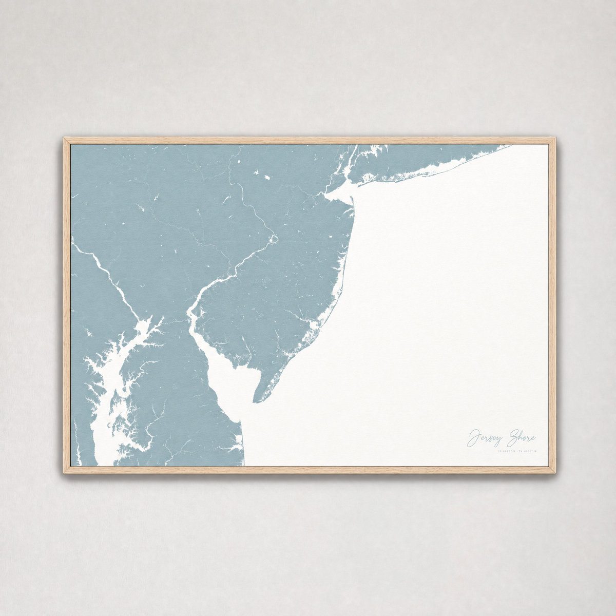 Jersey Shore Coastal Map — Canvas Horizontal — soft-blue, Light Wood