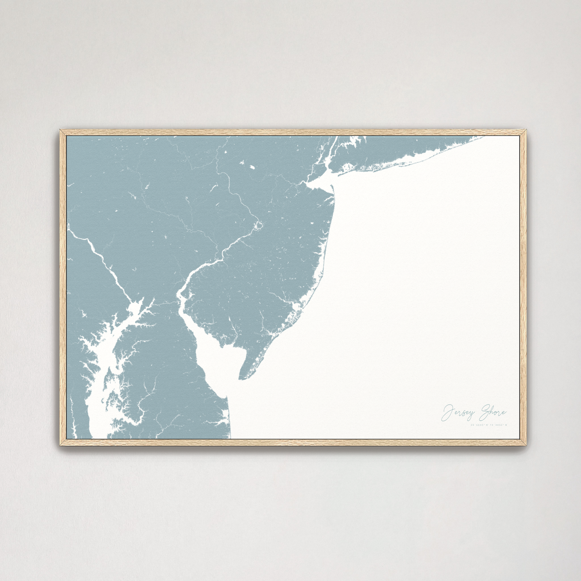 Jersey Shore Coastal Map — Canvas Horizontal, soft-blue, Natural Oak