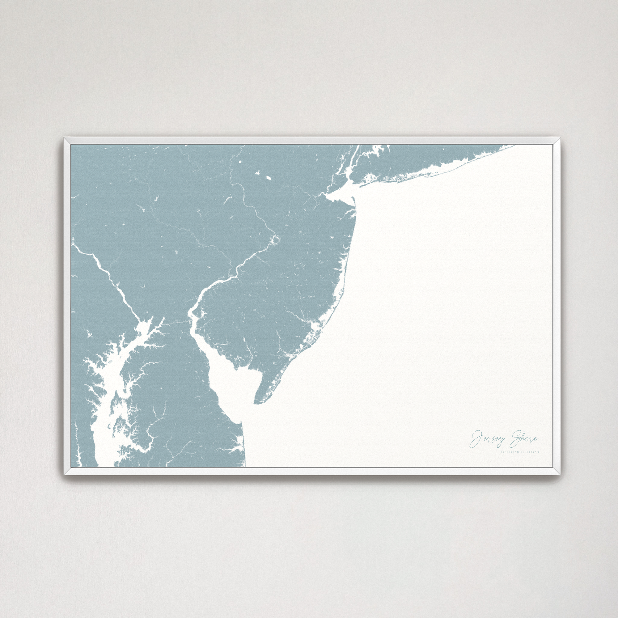 Jersey Shore Coastal Map — Canvas Horizontal, soft-blue, White Frame