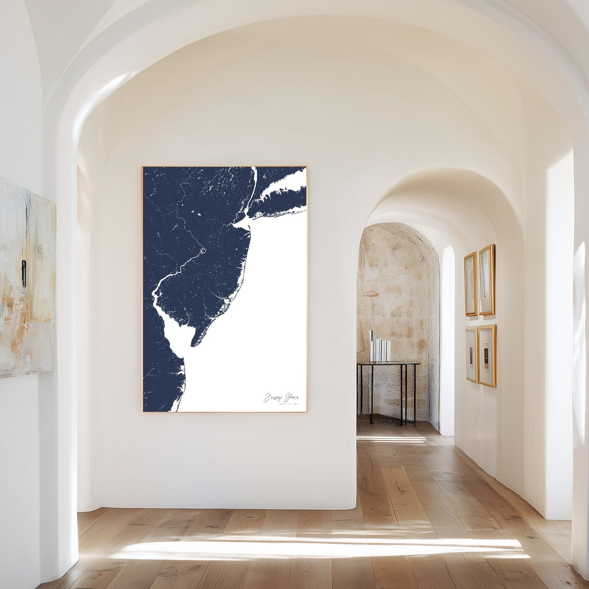 Jersey Shore navy vertical canvas map in the Bello mixed room scene