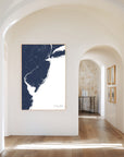 Jersey Shore navy vertical canvas map in the Bello mixed room scene
