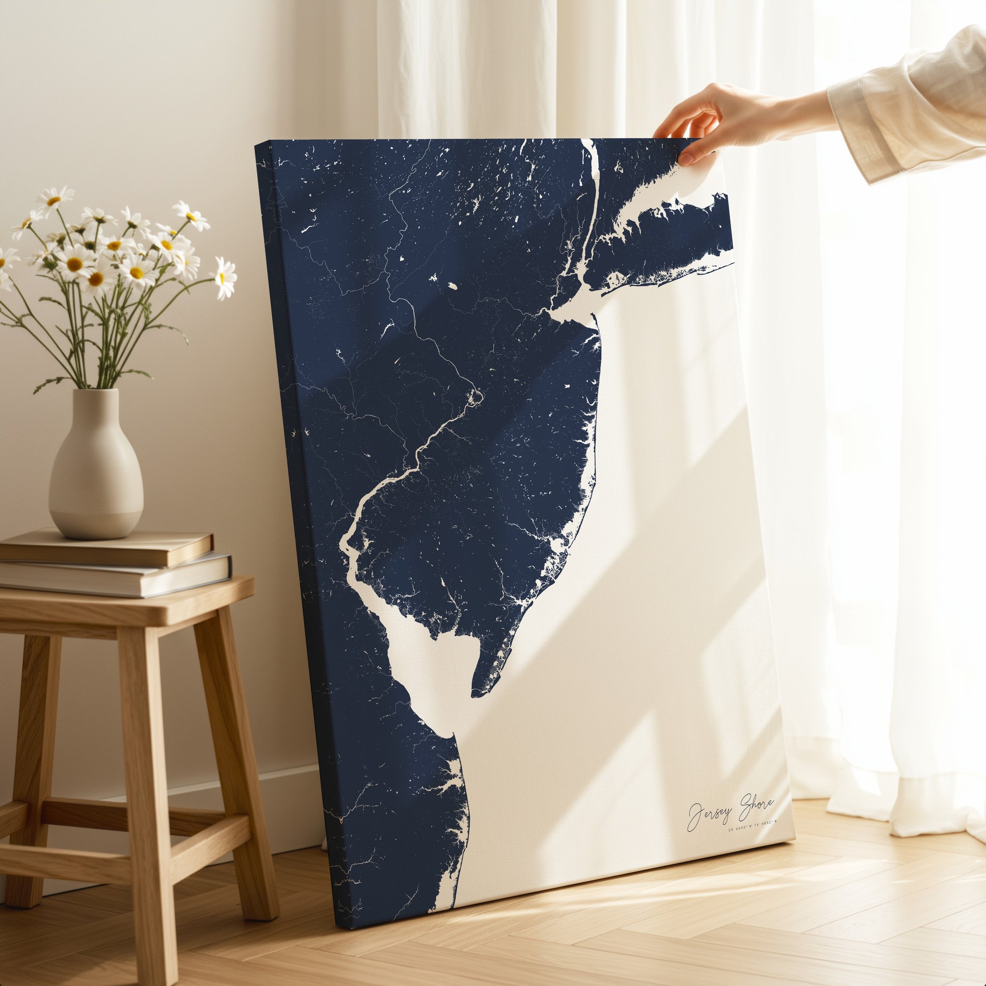 Jersey Shore navy vertical wrapped canvas map in the ratio 2:3 hand mockup