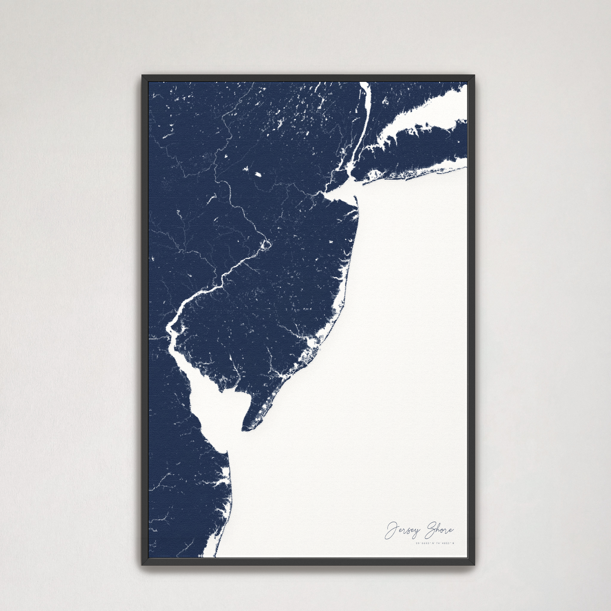 Jersey Shore Coastal Map — Canvas Vertical, navy, Black Frame