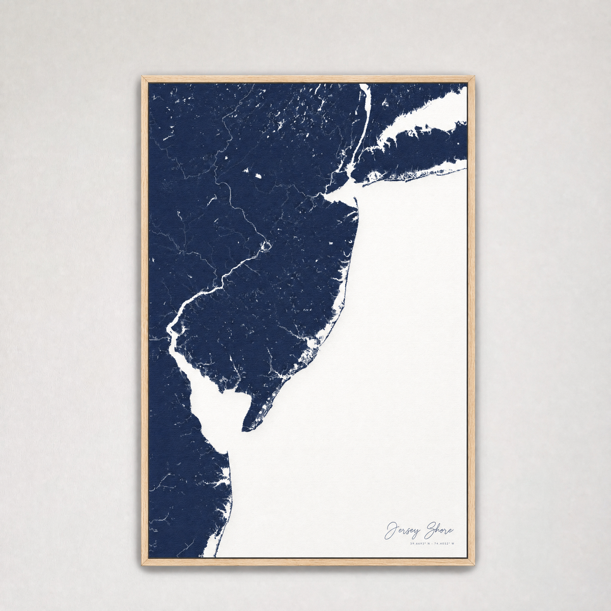 Jersey Shore Coastal Map — Canvas Vertical — navy, Light Wood