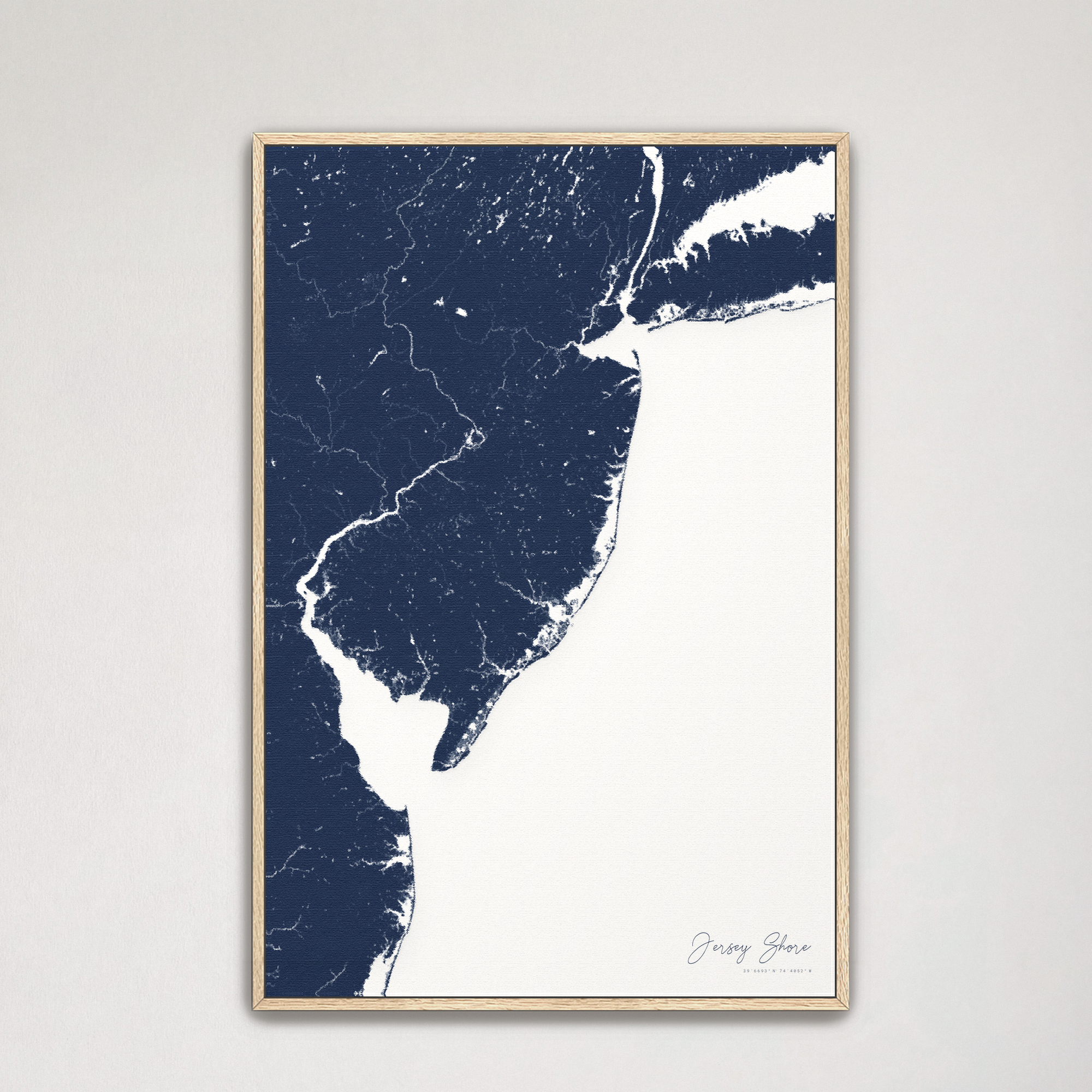 Jersey Shore Coastal Map — Canvas Vertical, navy, Natural Oak