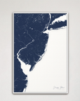 Jersey Shore Coastal Map — Canvas Vertical, navy, White Frame