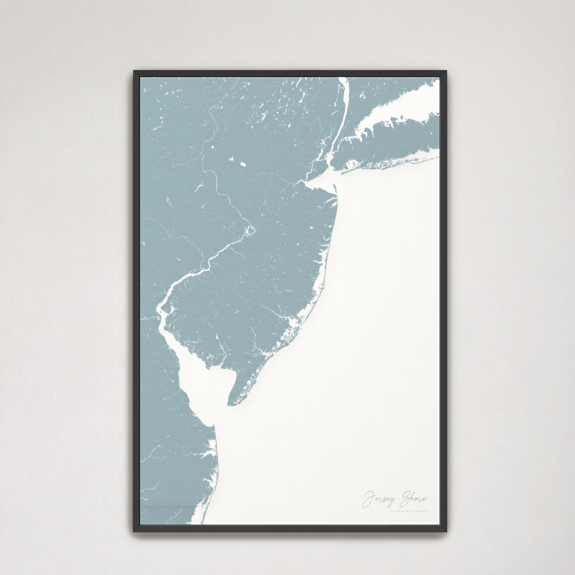 Jersey Shore Coastal Map — Canvas Vertical, soft-blue, Black Frame