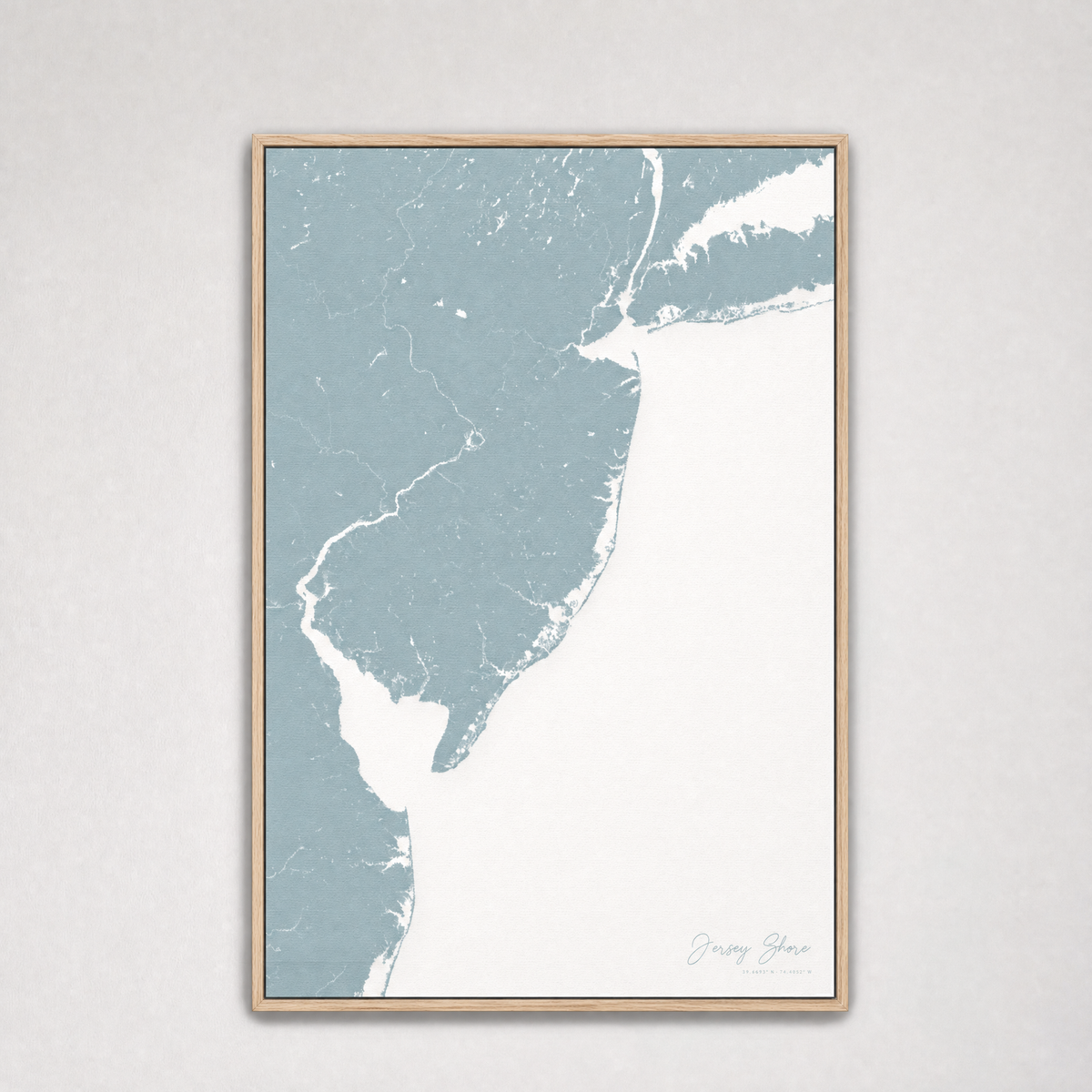 Jersey Shore Coastal Map — Canvas Vertical — soft-blue, Light Wood