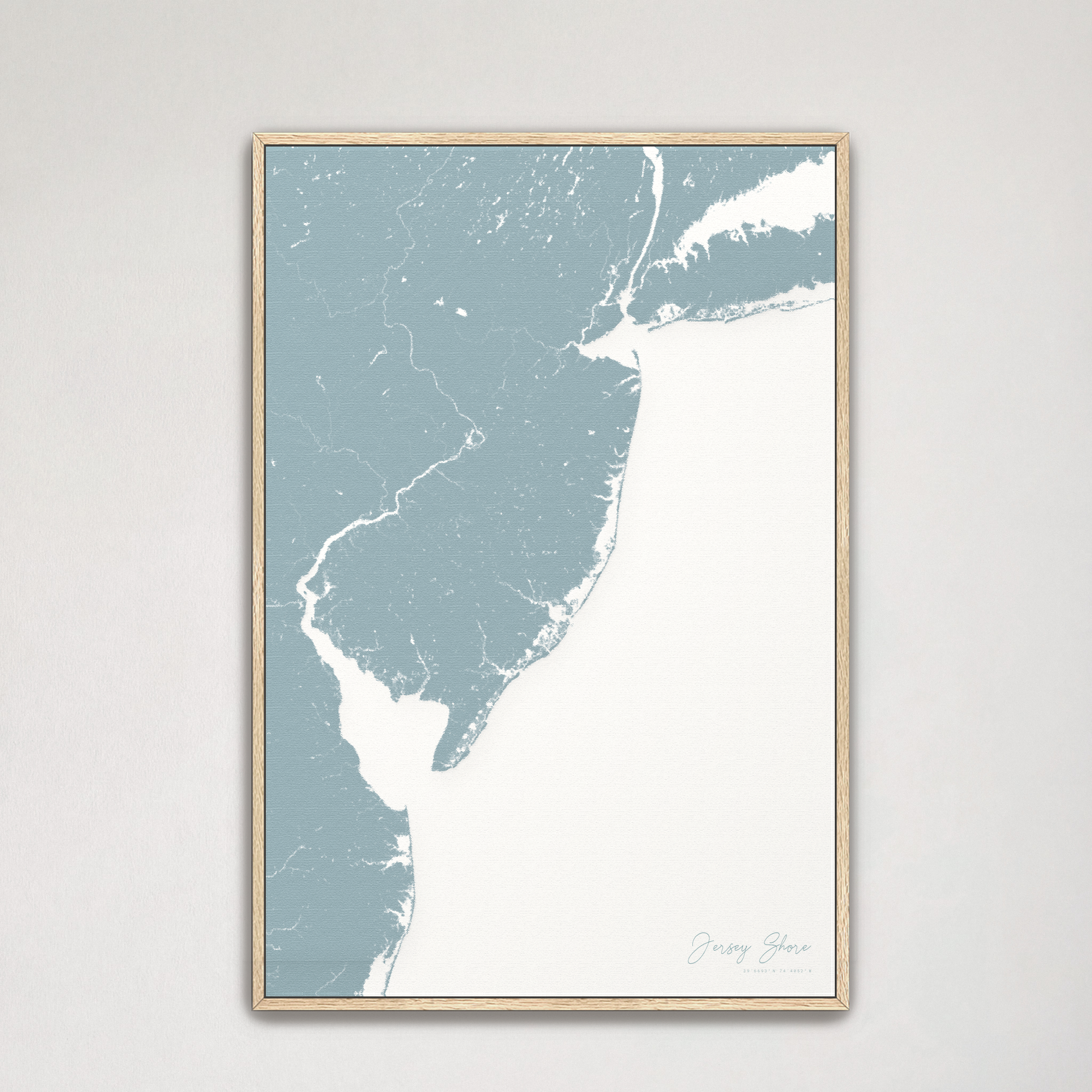 Jersey Shore Coastal Map — Canvas Vertical, soft-blue, Natural Oak