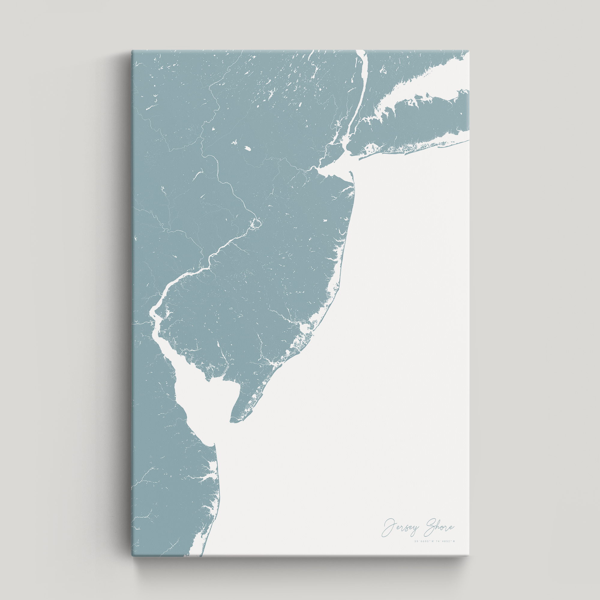 Jersey Shore Coastal Map — Canvas Vertical, soft-blue, No Frame