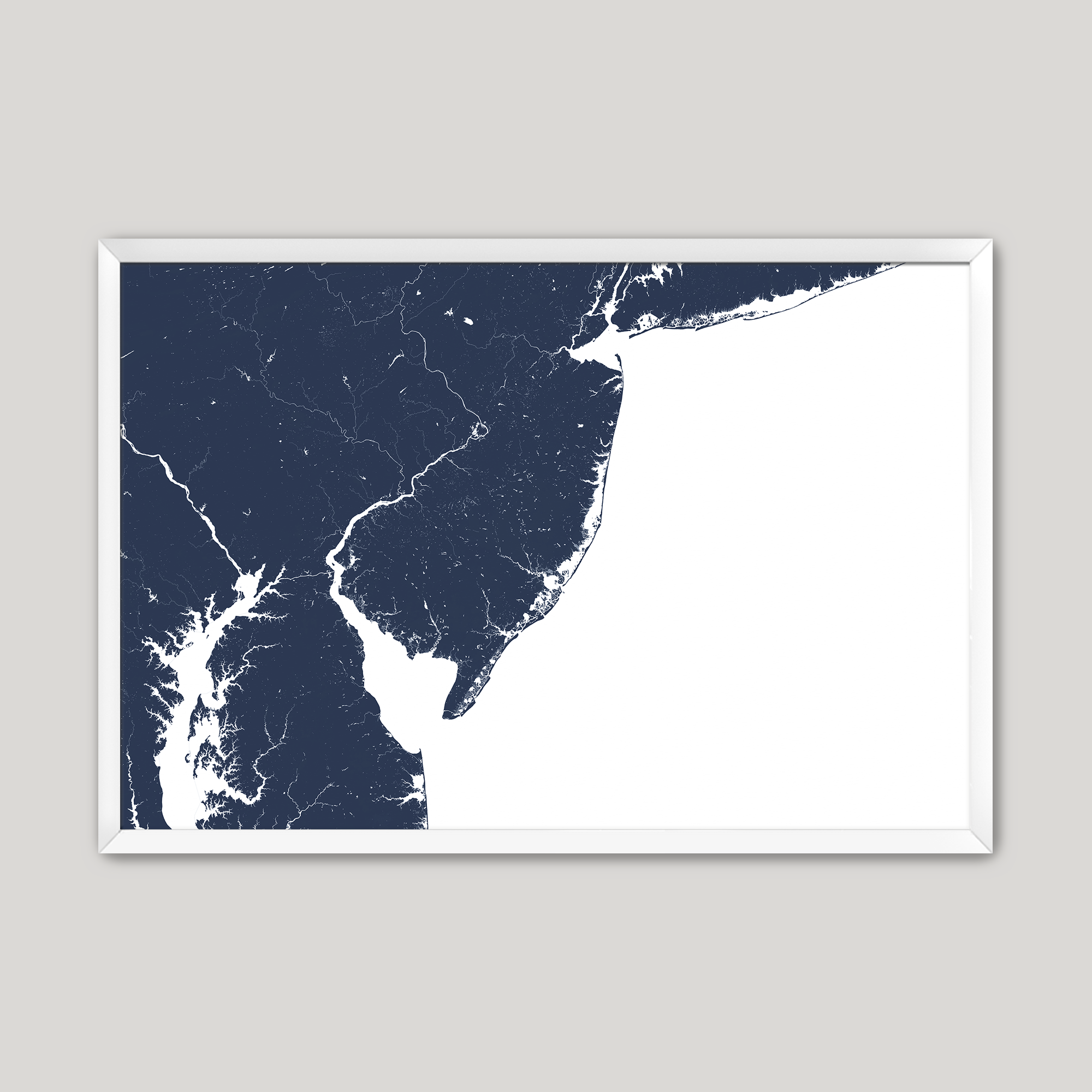 Jersey Shore Coastal Map — Fine Art Print Horizontal, navy, White Frame, 10x8