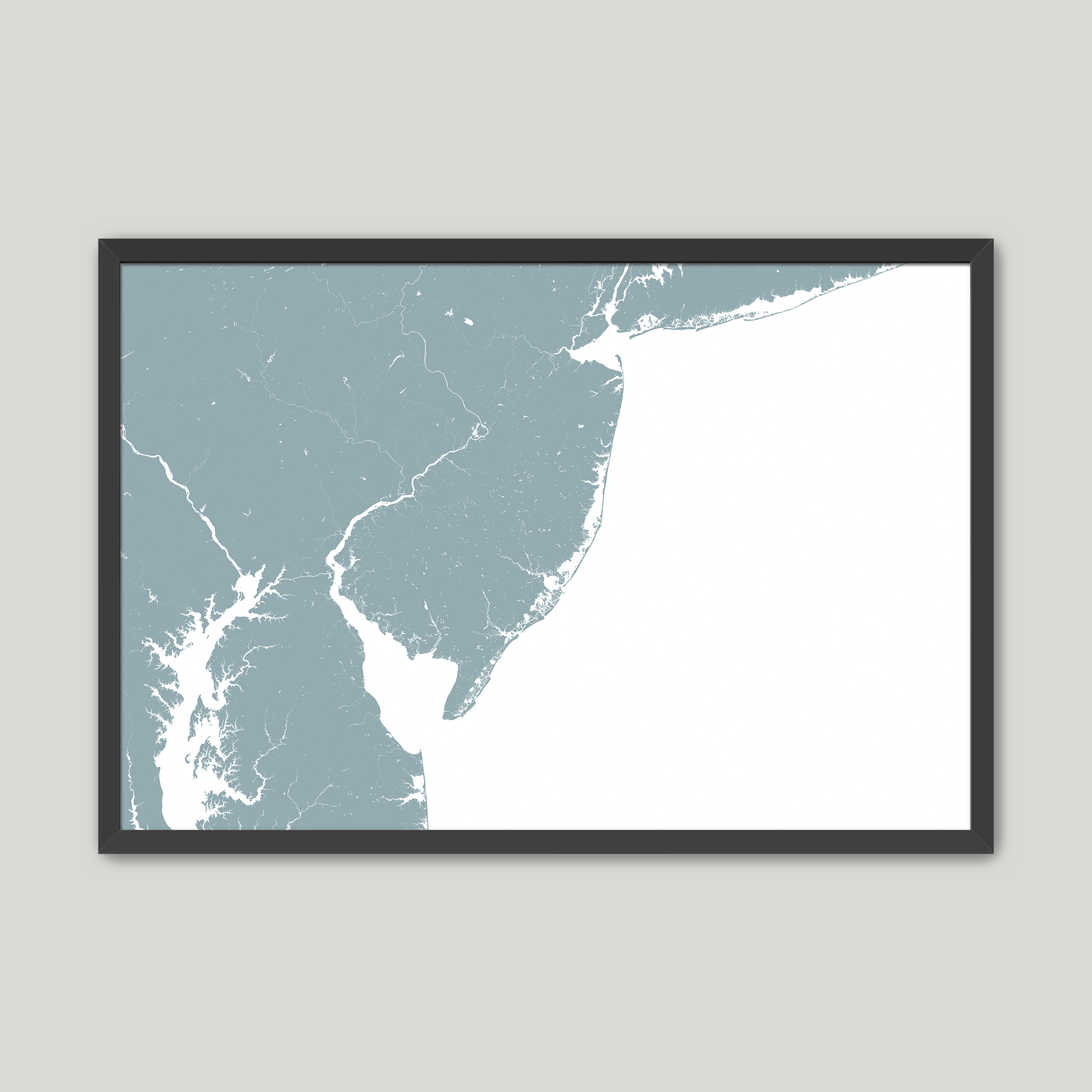 Jersey Shore Coastal Map — Fine Art Print Horizontal, soft-blue, Black Frame, 10x8