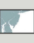 Jersey Shore Coastal Map — Fine Art Print Horizontal, soft-blue, Black Frame, 10x8