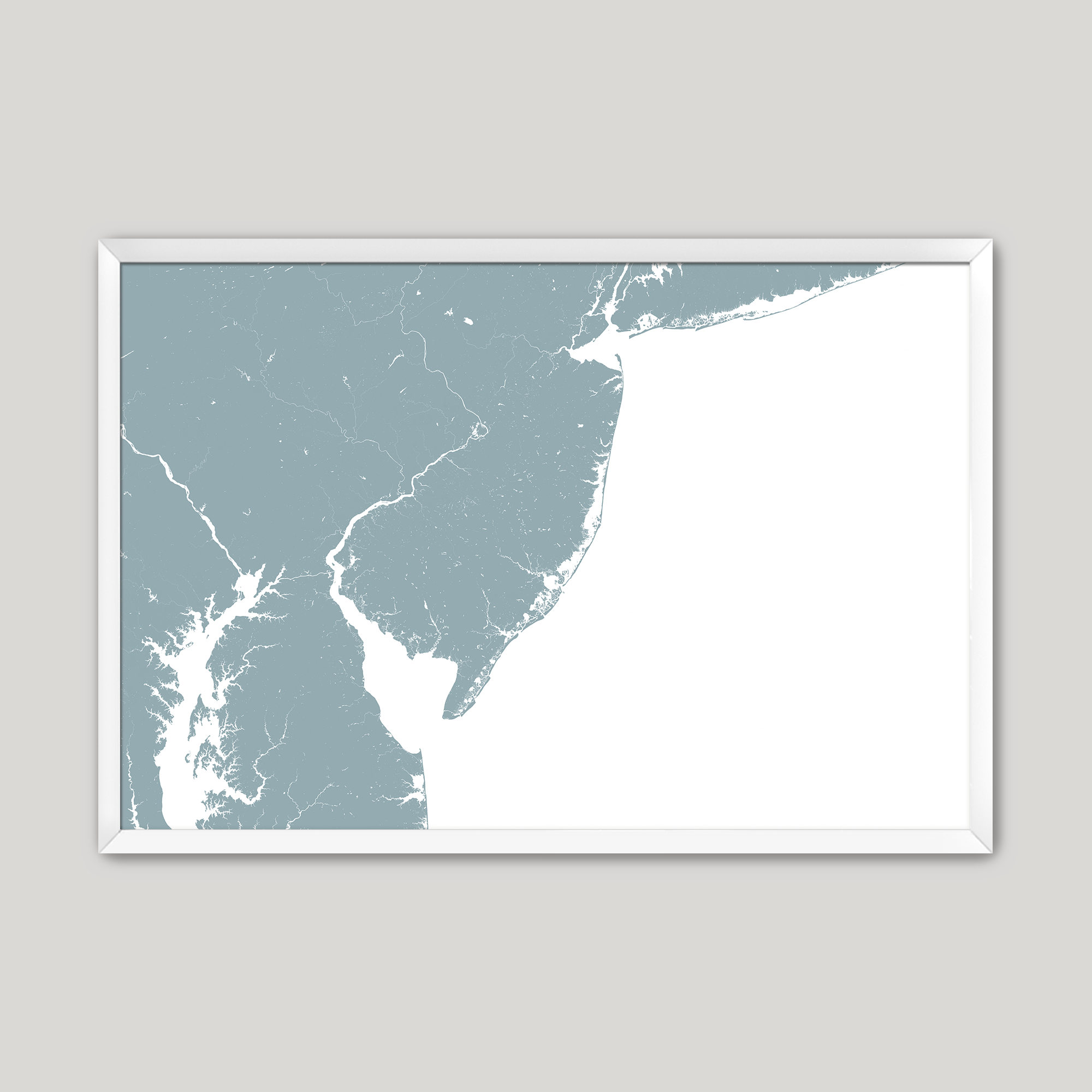 Jersey Shore Coastal Map — Fine Art Print Horizontal, soft-blue, White Frame, 10x8