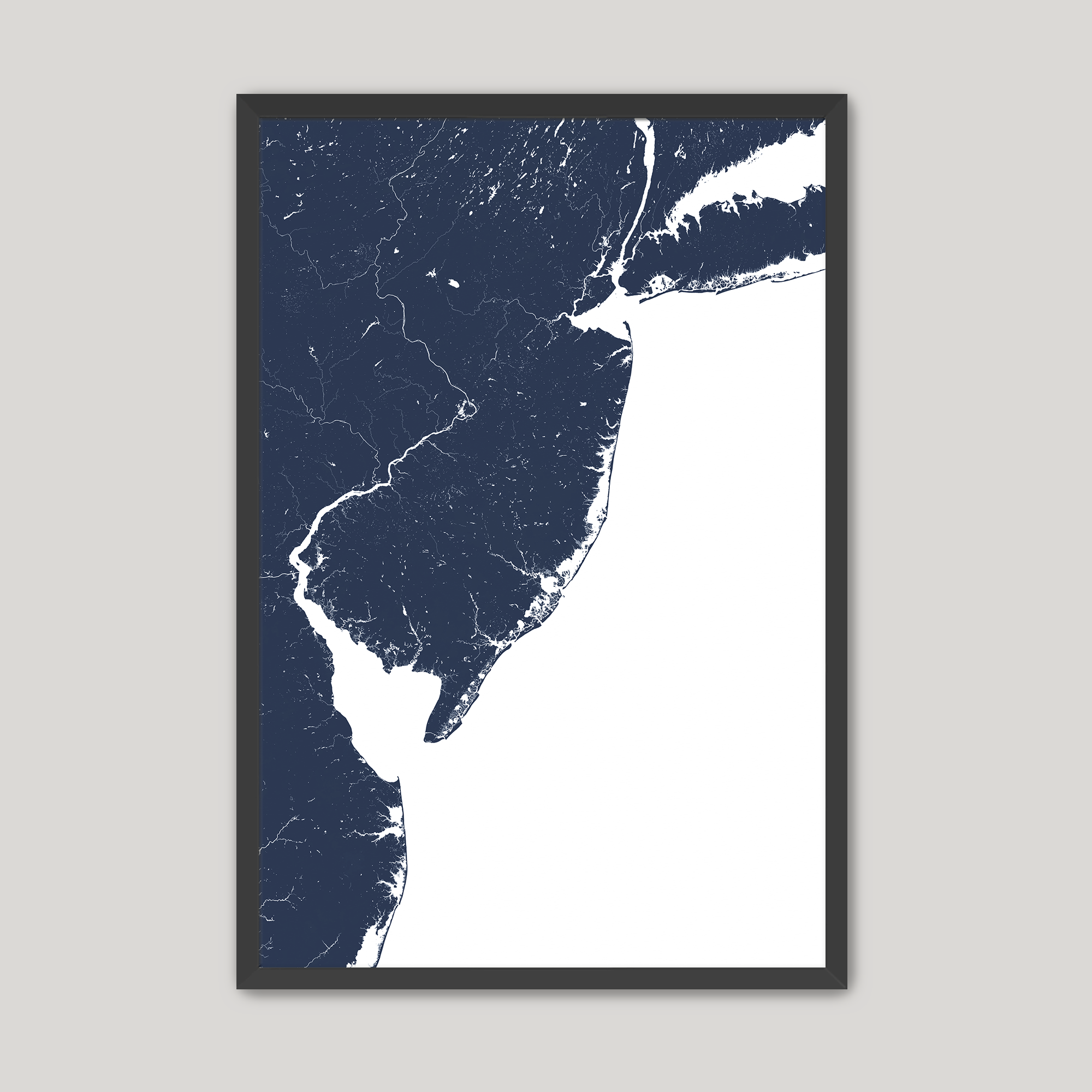Jersey Shore Coastal Map — Fine Art Print Vertical, navy, Black Frame, 8x10