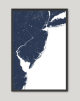 Jersey Shore Coastal Map — Fine Art Print Vertical, navy, Black Frame, 8x10