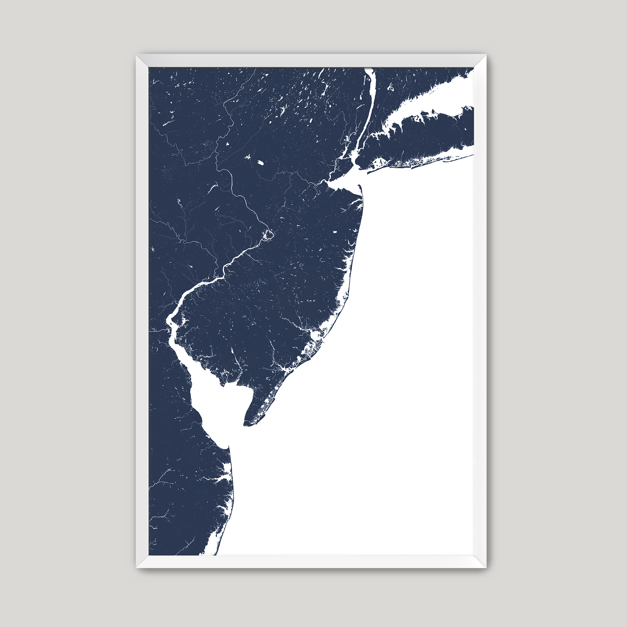 Jersey Shore Coastal Map — Fine Art Print Vertical, navy, White Frame, 8x10