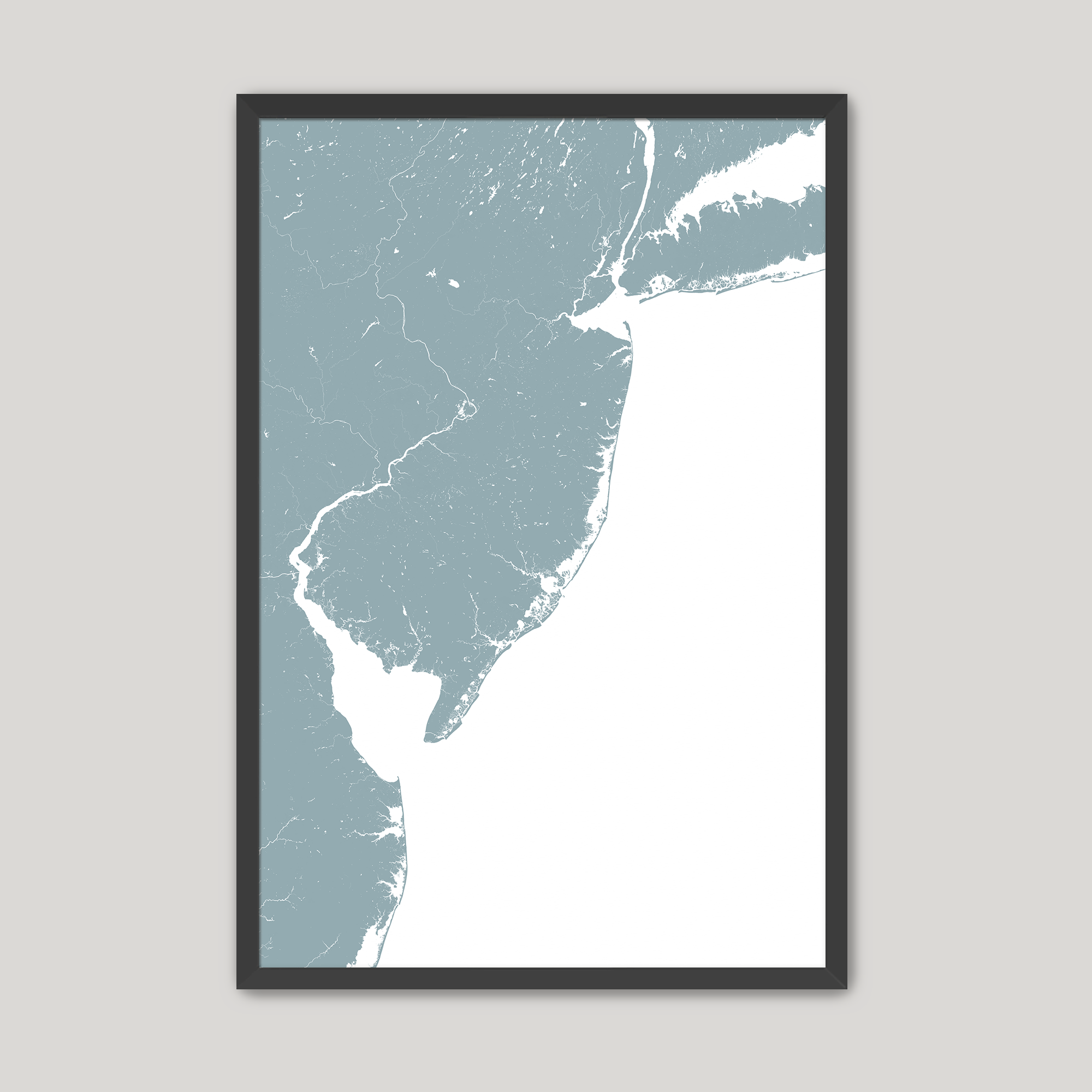 Jersey Shore Coastal Map — Fine Art Print Vertical, soft-blue, Black Frame, 8x10