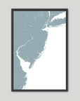 Jersey Shore Coastal Map — Fine Art Print Vertical, soft-blue, Black Frame, 8x10