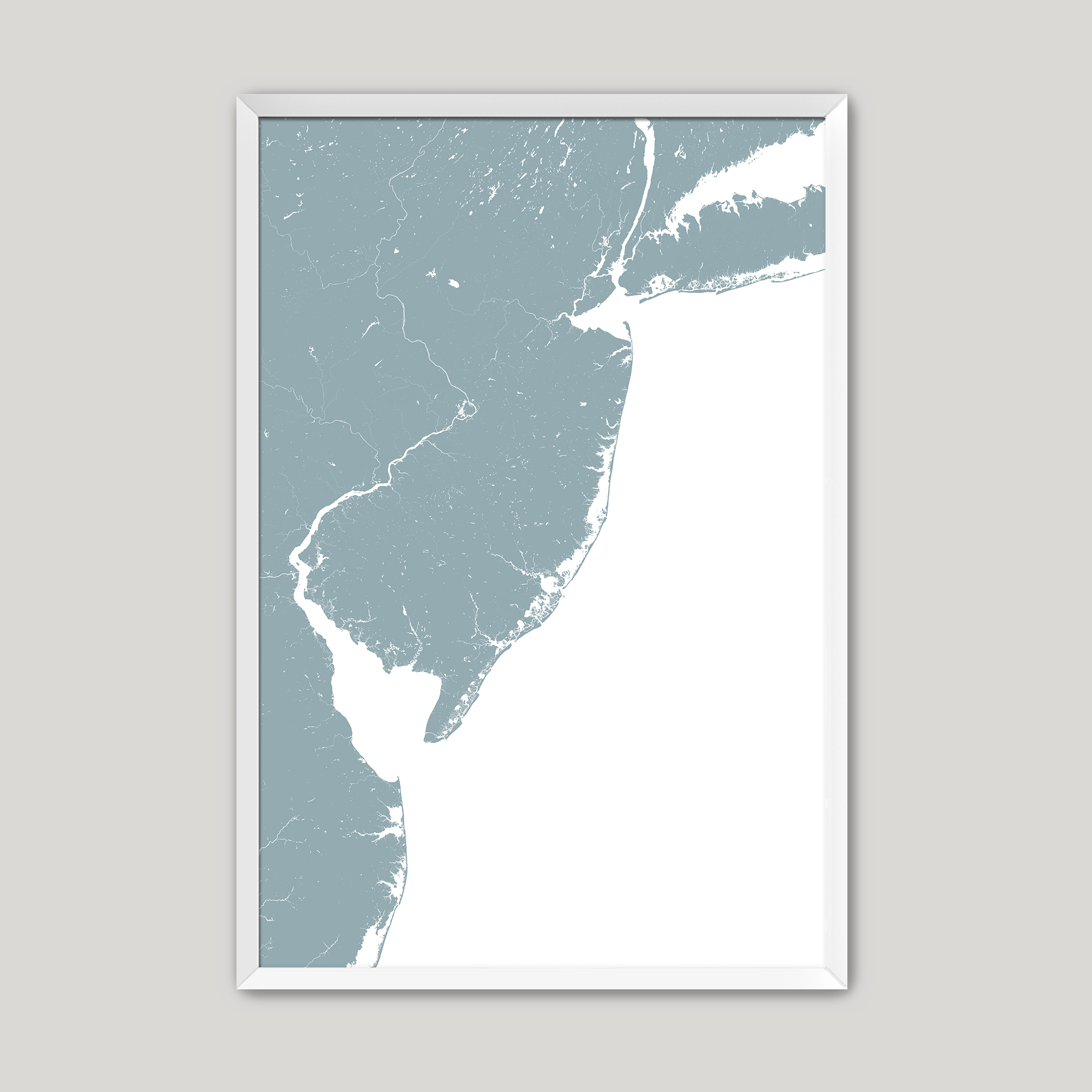 Jersey Shore Coastal Map — Fine Art Print Vertical, soft-blue, White Frame, 8x10