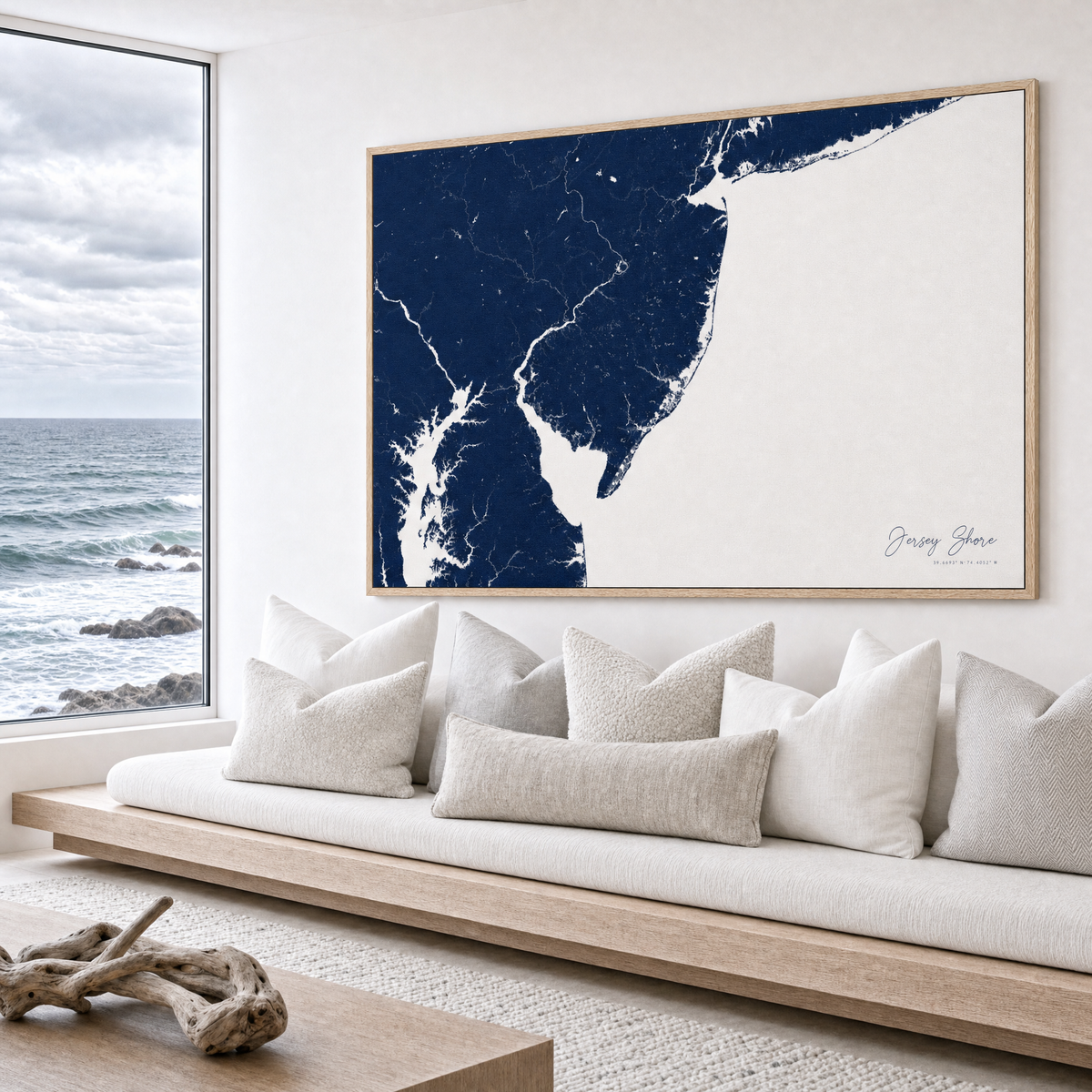 Jersey Shore canvas map — sea-view bench interior