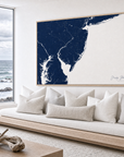 Jersey Shore canvas map — sea-view bench interior
