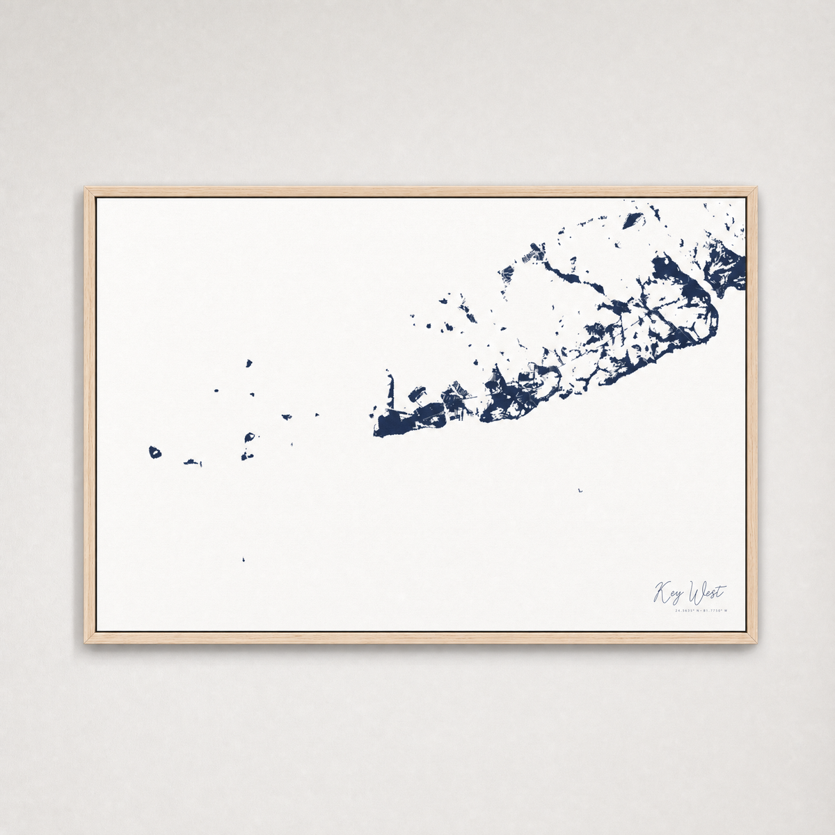 Key West Coastal Map — Canvas Horizontal — navy, Light Wood