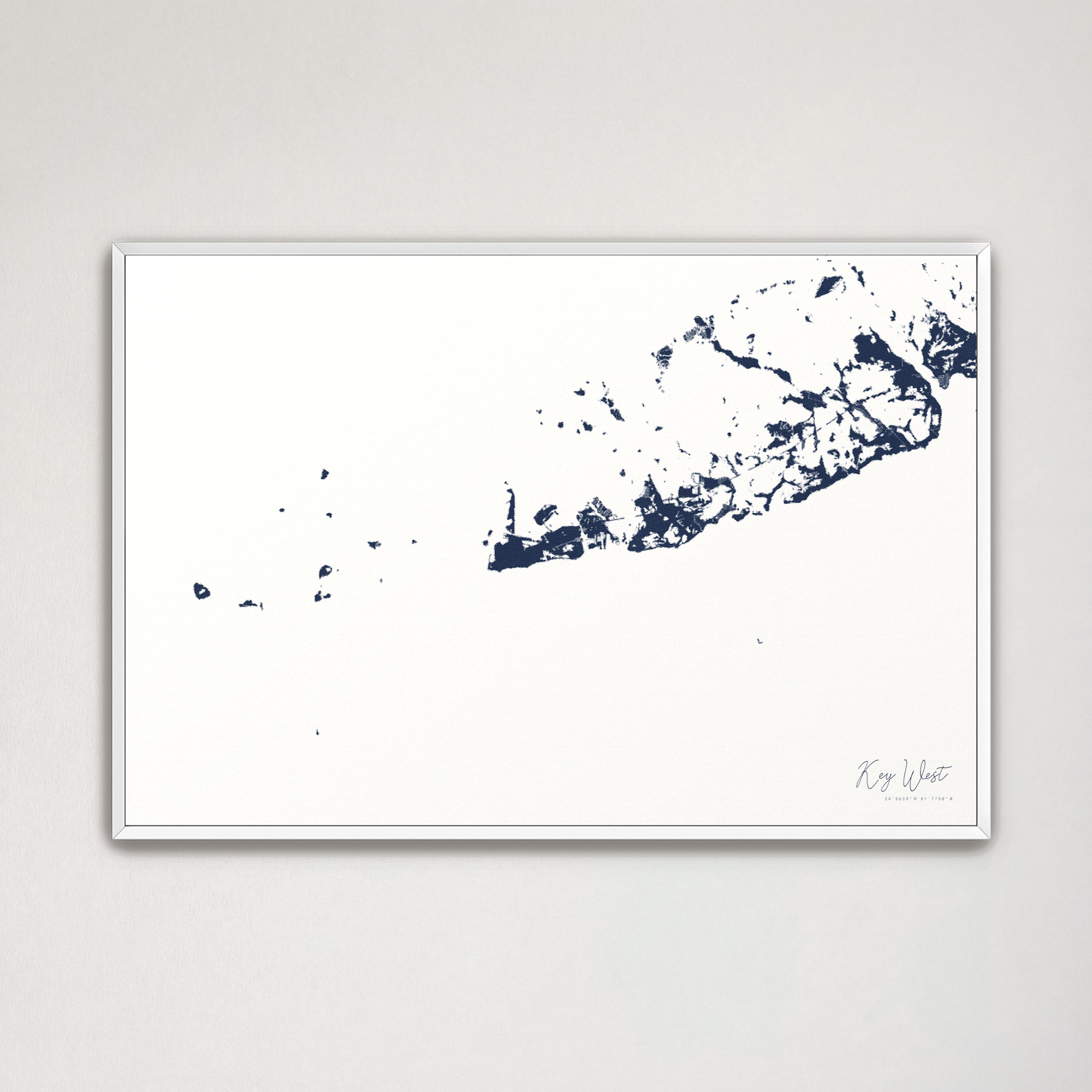 Key West Coastal Map — Canvas Horizontal, navy, White Frame