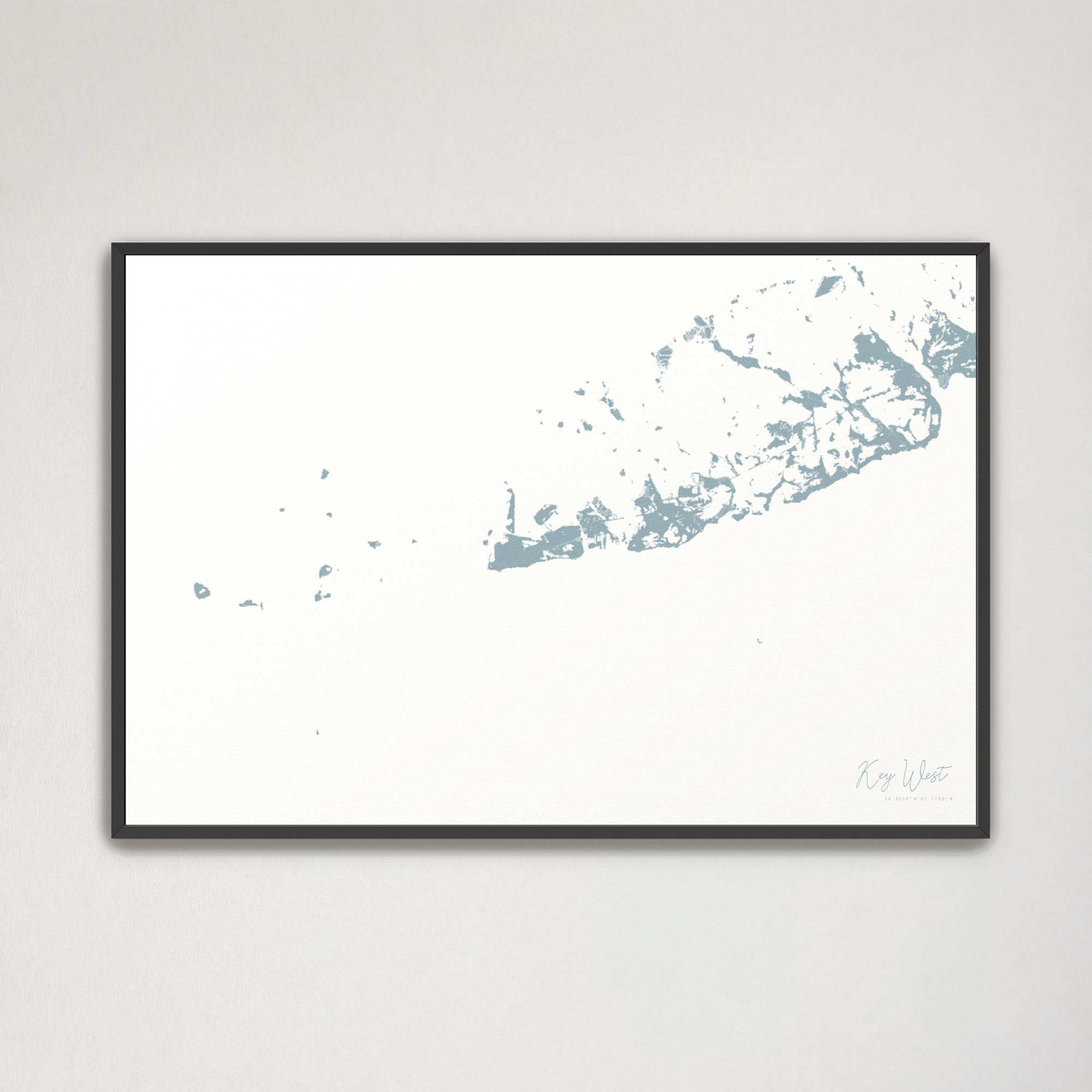 Key West Coastal Map — Canvas Horizontal, soft-blue, Black Frame