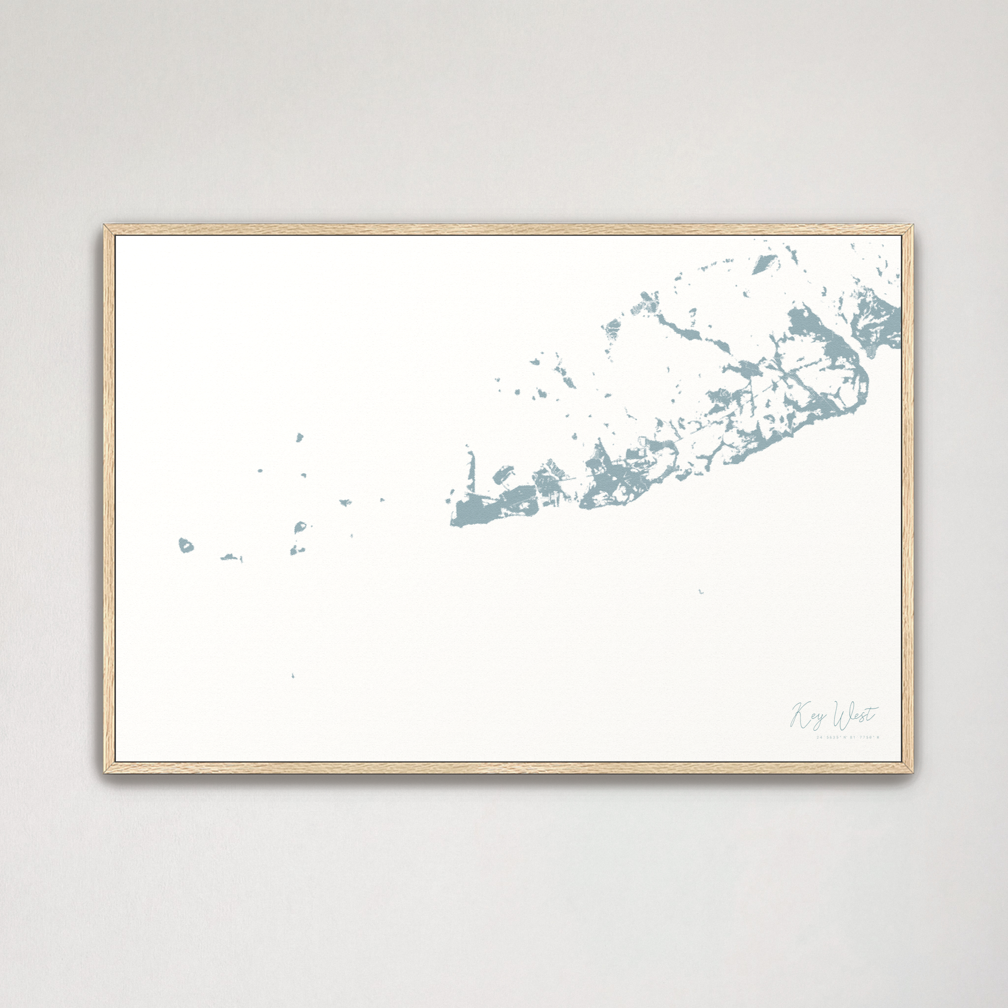 Key West Coastal Map — Canvas Horizontal, soft-blue, Natural Oak
