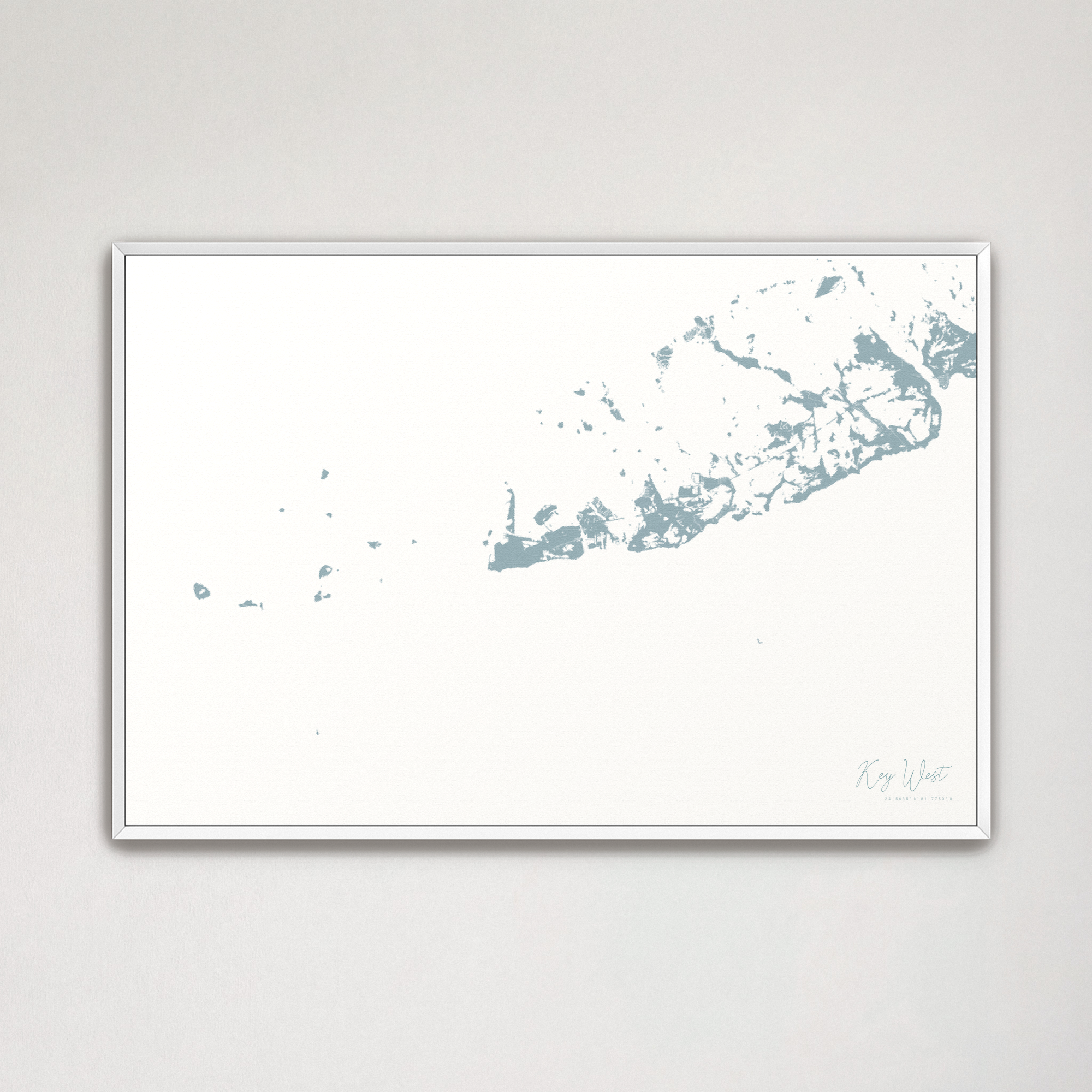 Key West Coastal Map — Canvas Horizontal, soft-blue, White Frame