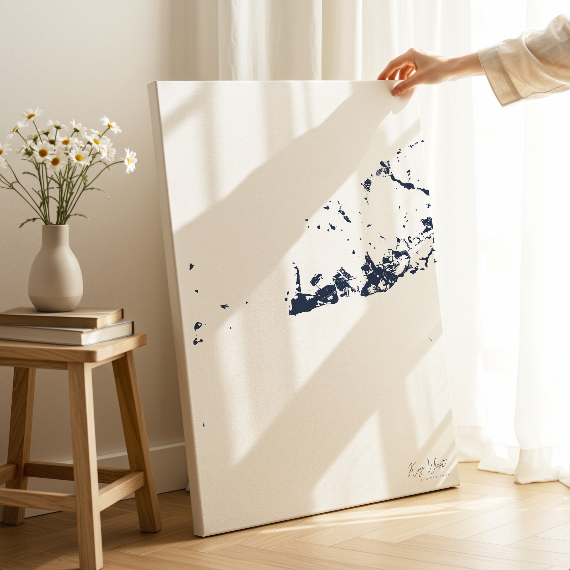 Key West navy vertical wrapped canvas map in the ratio 2:3 hand mockup