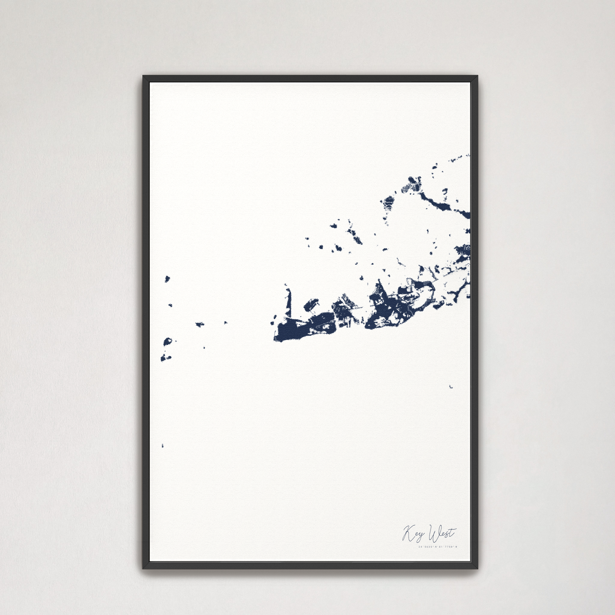 Key West Coastal Map — Canvas Vertical, navy, Black Frame