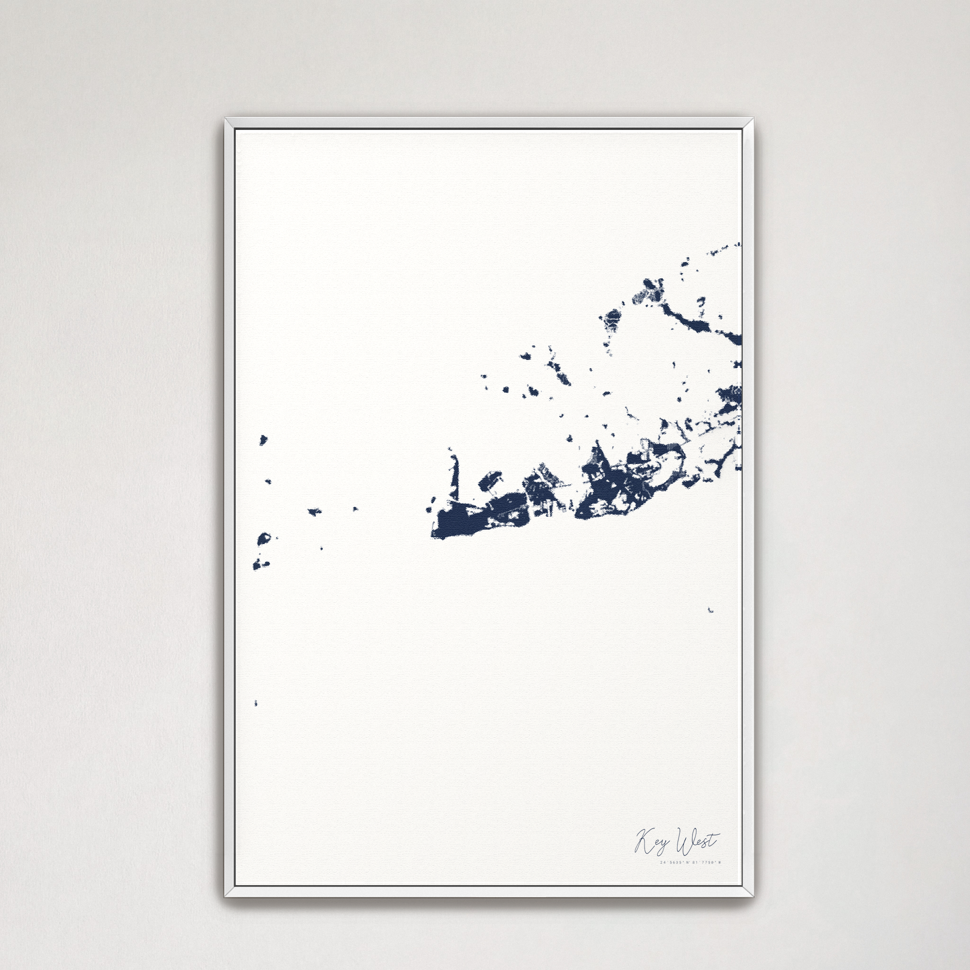 Key West Coastal Map — Canvas Vertical, navy, White Frame