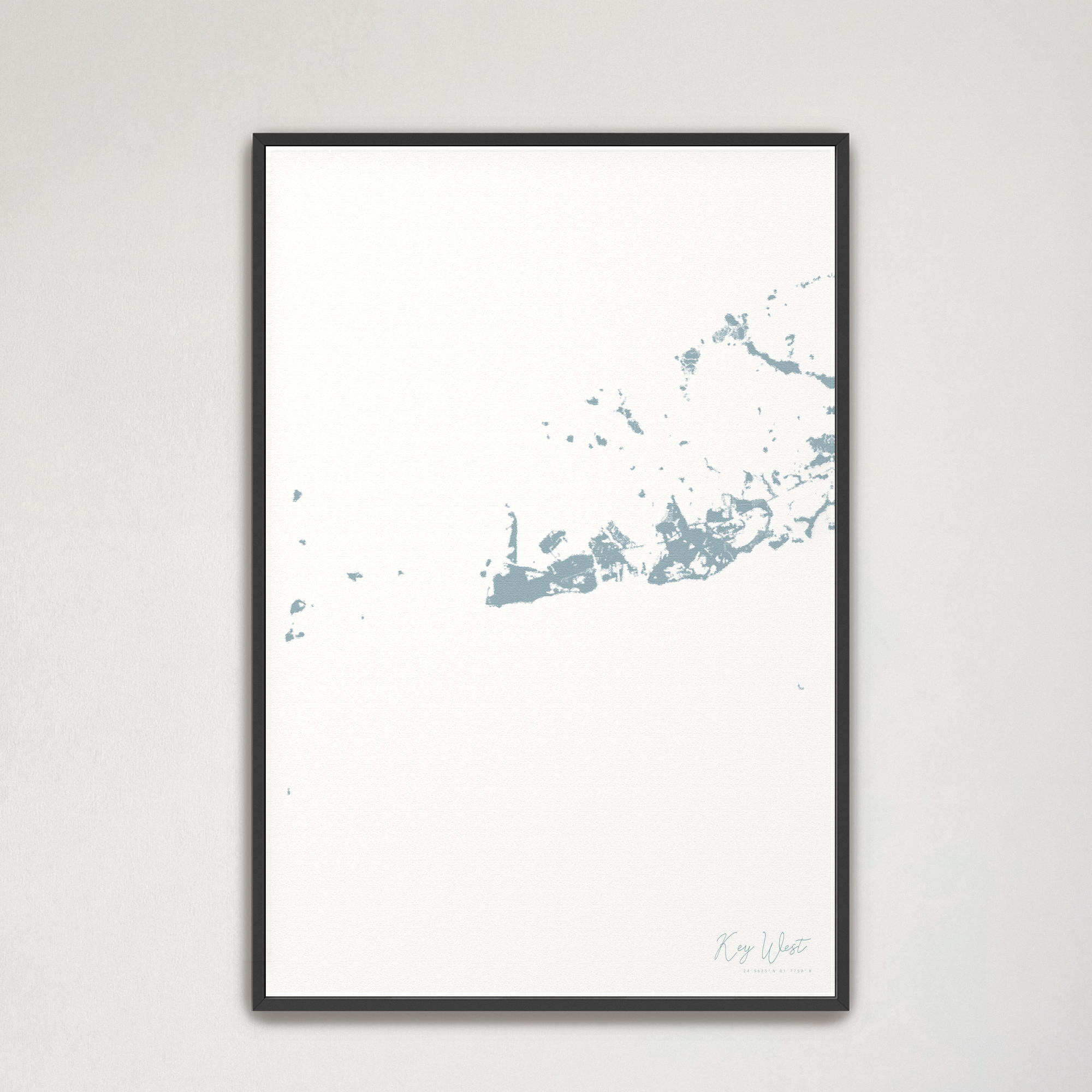 Key West Coastal Map — Canvas Vertical, soft-blue, Black Frame