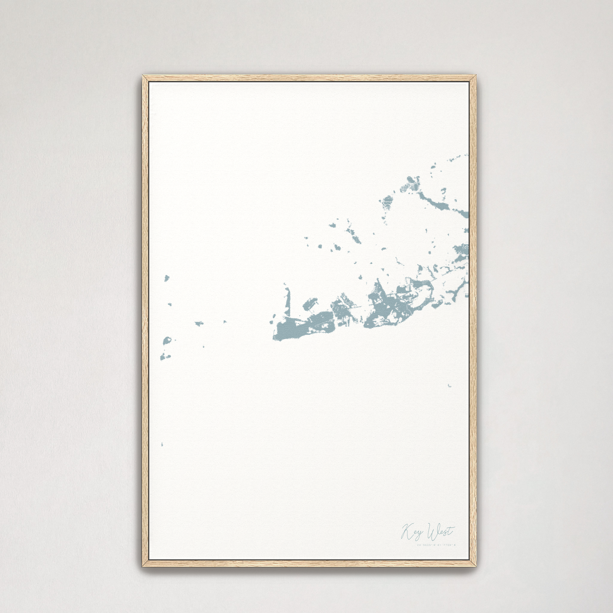 Key West Coastal Map — Canvas Vertical, soft-blue, Natural Oak