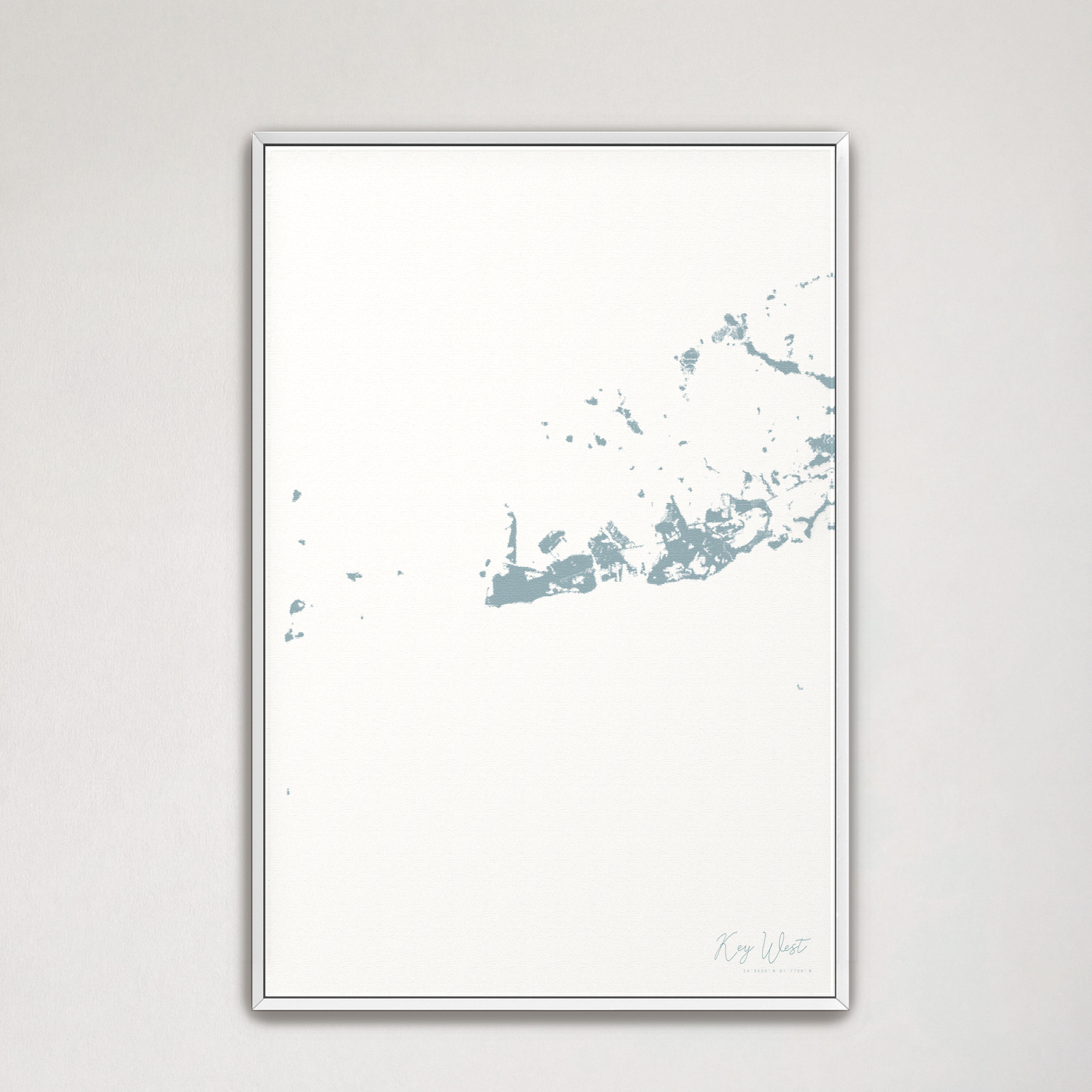 Key West Coastal Map — Canvas Vertical, soft-blue, White Frame