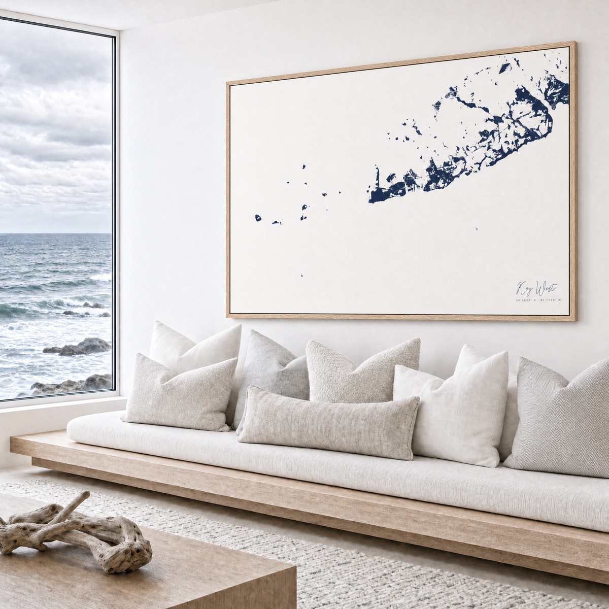 Key West canvas map — sea-view bench interior