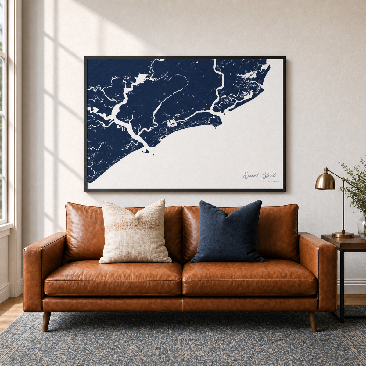 Kiawah Island canvas map — two-pillow black-frame sofa interior