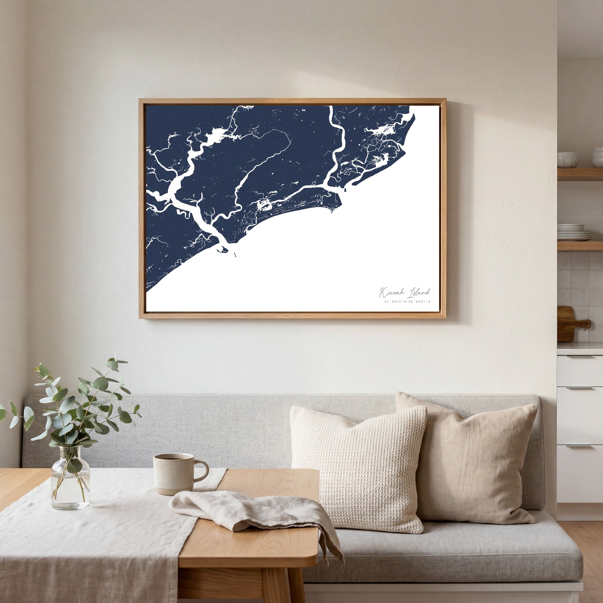 Kiawah Island navy horizontal canvas map in an oak framed room scene