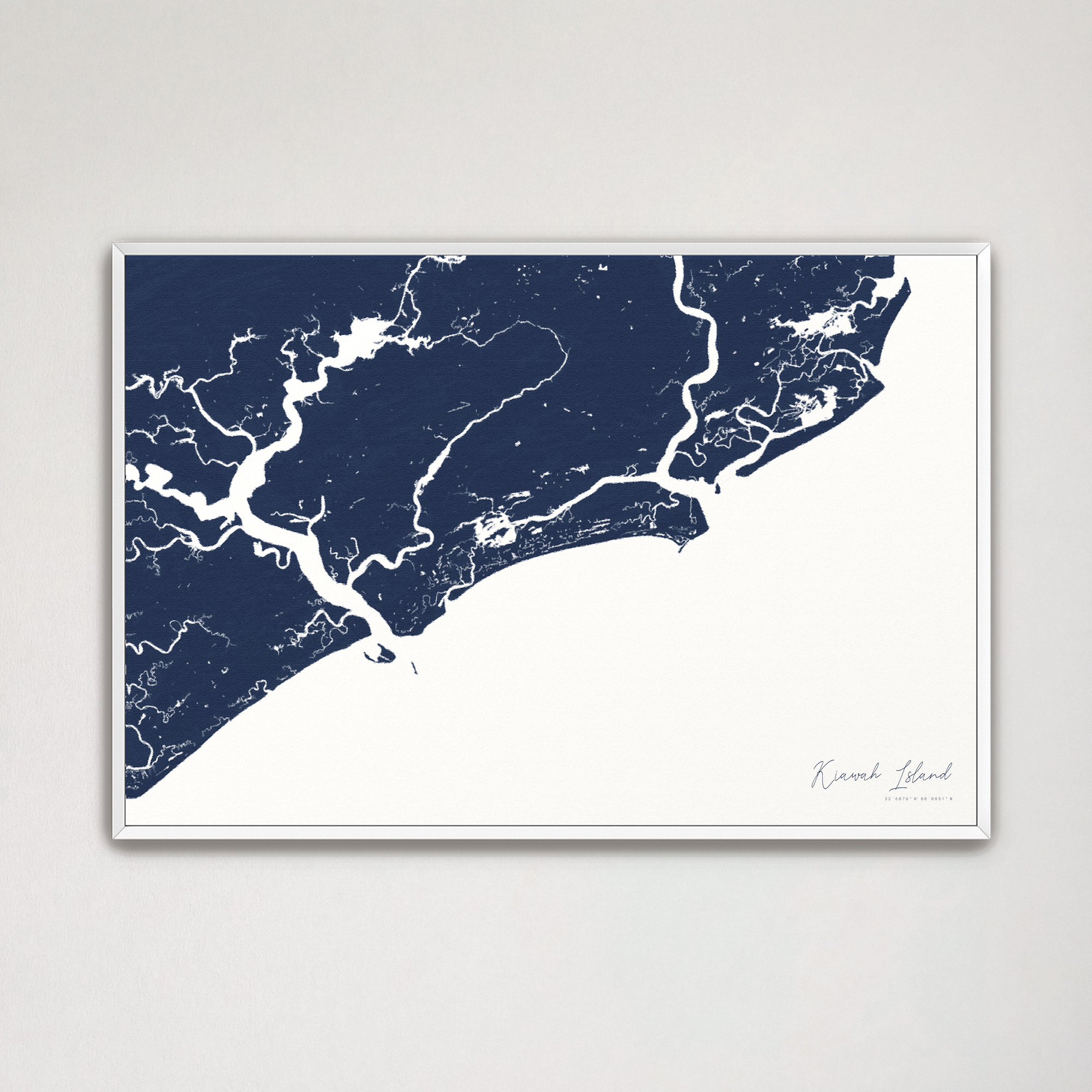 Kiawah Island Coastal Map — Canvas Horizontal, navy, White Frame
