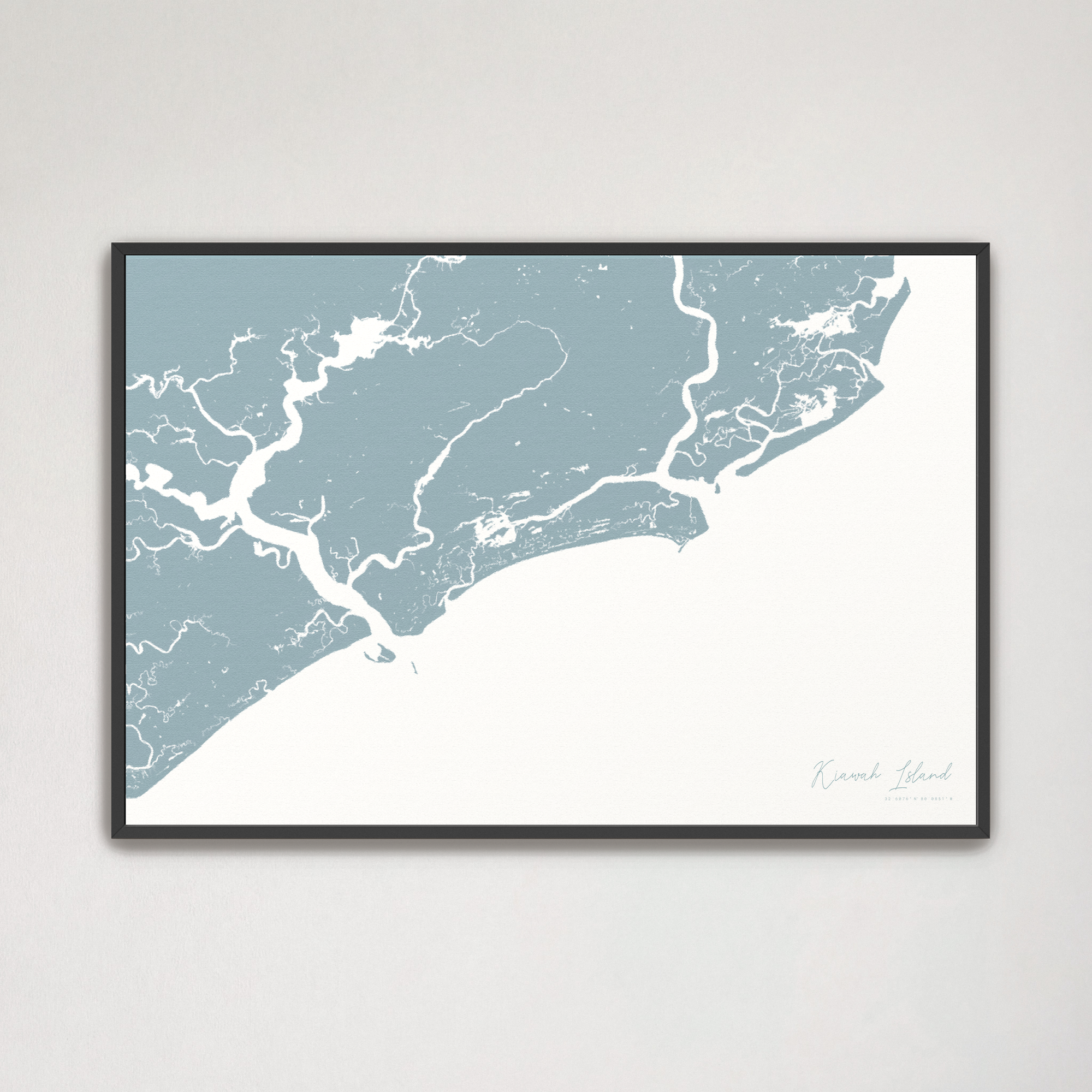 Kiawah Island Coastal Map — Canvas Horizontal, soft-blue, Black Frame