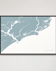 Kiawah Island Coastal Map — Canvas Horizontal, soft-blue, Black Frame