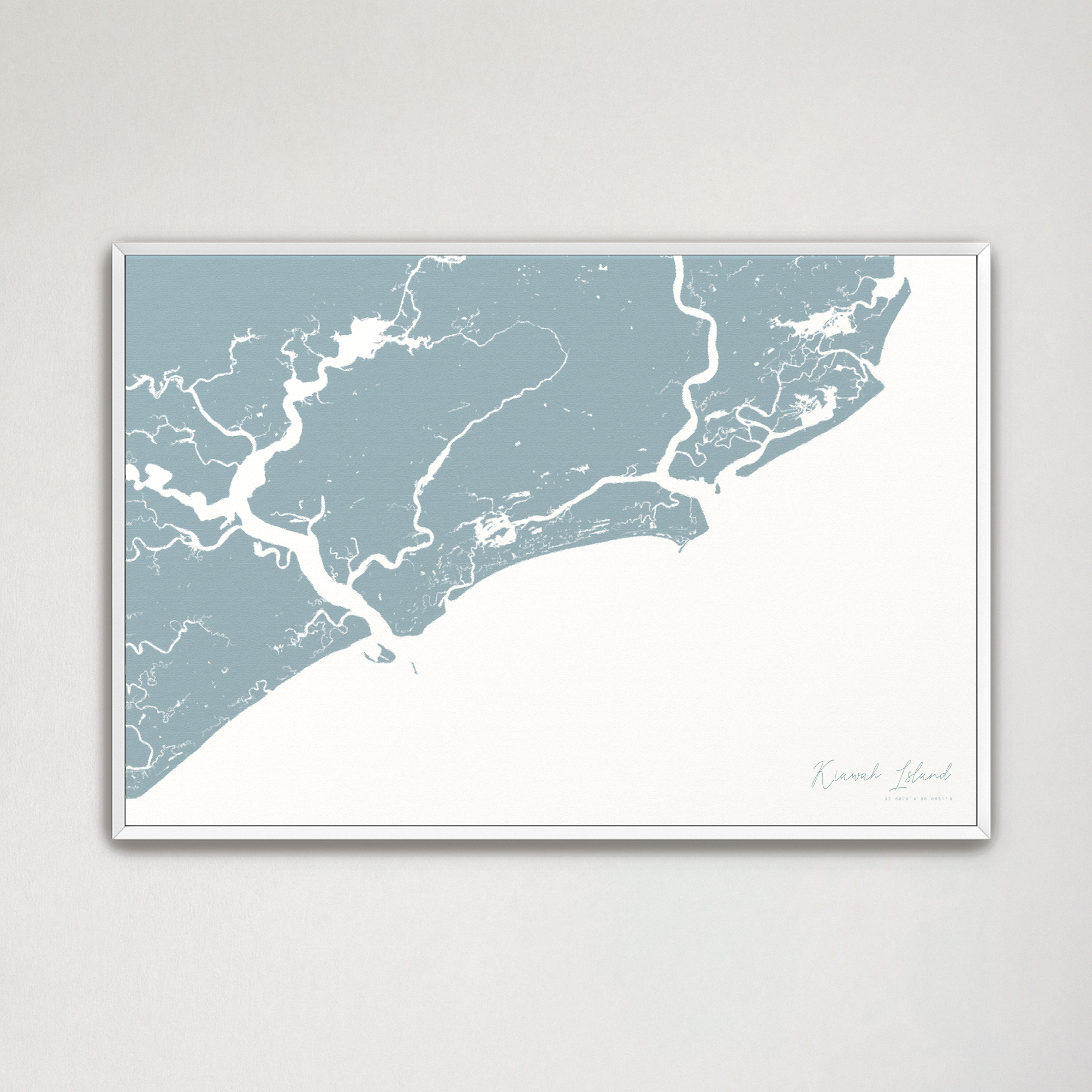 Kiawah Island Coastal Map — Canvas Horizontal, soft-blue, White Frame