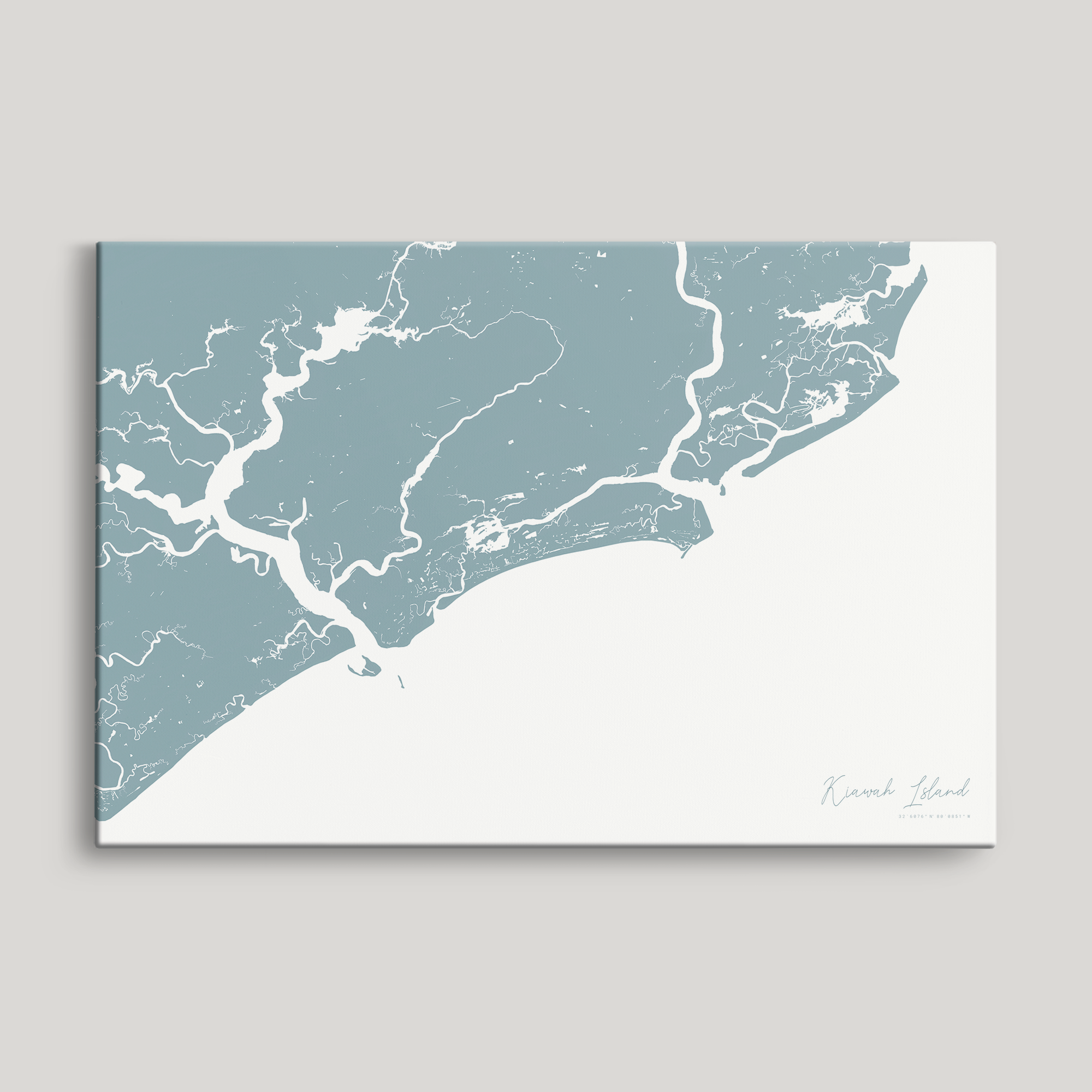 Kiawah Island Coastal Map — Canvas Horizontal, soft-blue, No Frame