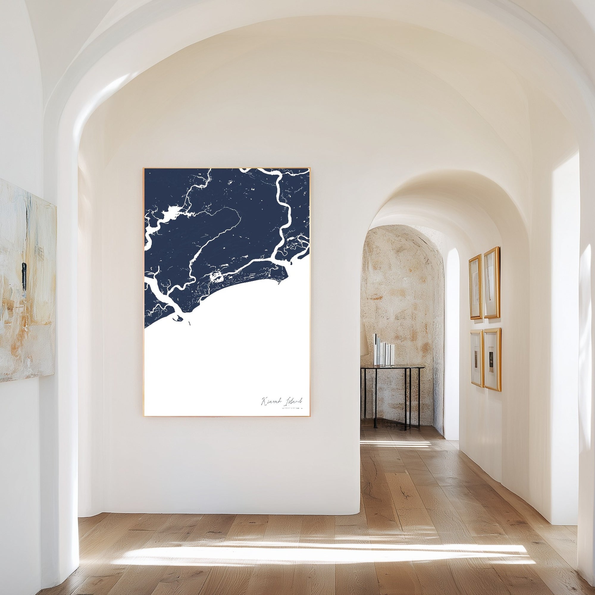 Kiawah Island navy vertical canvas map in the Bello mixed room scene