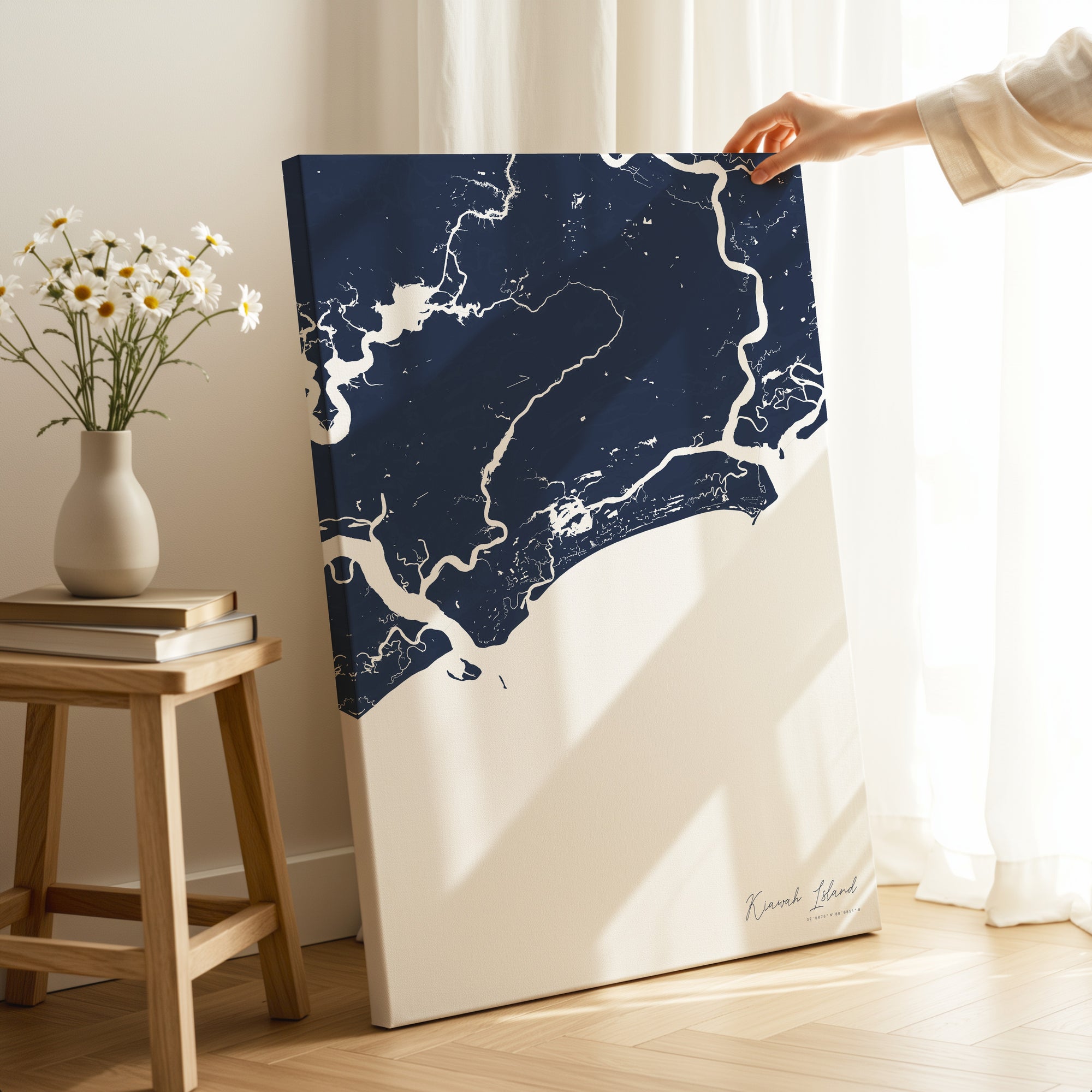 Kiawah Island navy vertical wrapped canvas map in the ratio 2:3 hand mockup