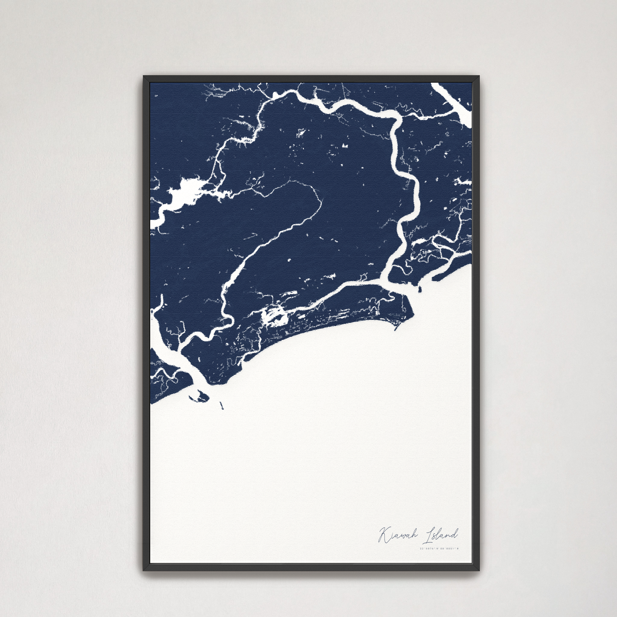 Kiawah Island Coastal Map — Canvas Vertical, navy, Black Frame