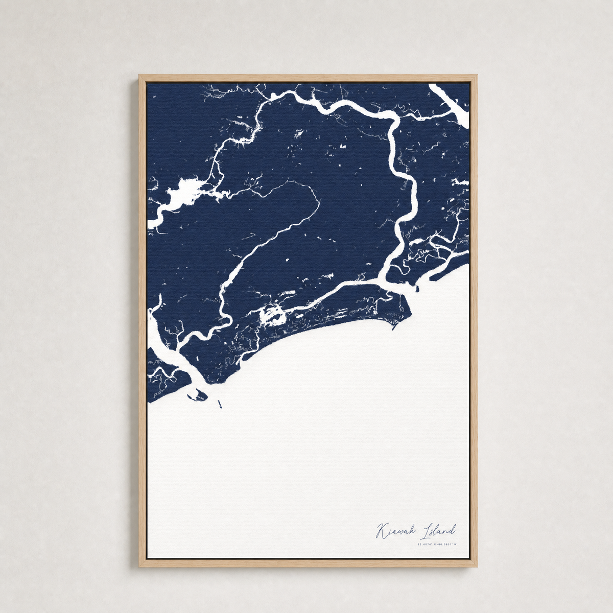 Kiawah Island Coastal Map — Canvas Vertical — navy, Light Wood